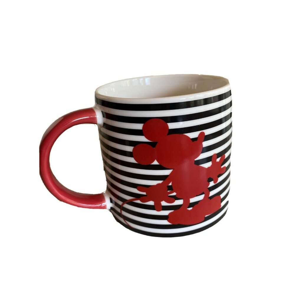 Disney Mickey Mouse Porcelain Mug Black & White Stripes With Red Silhouette 12 O